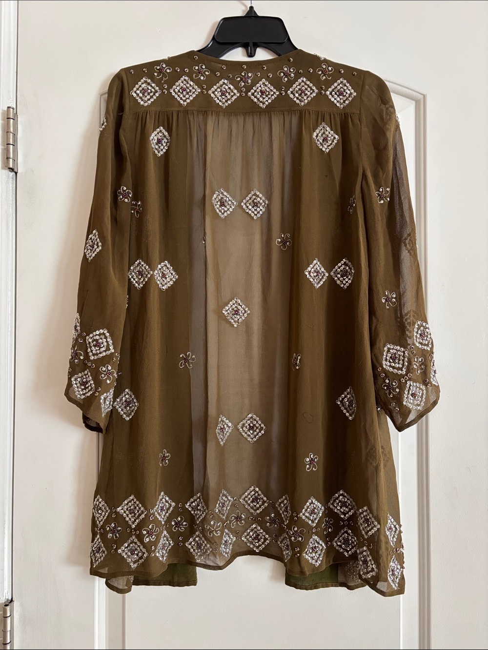 Calypso St. Barth Olive and Tan Textured Jeweled Silk Open Cardigan Small - Picture 5 of 10